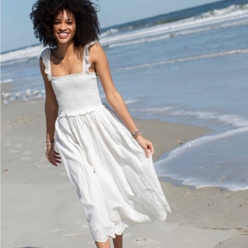 NATURAL LIFE White Lace-Trim Smocked Midi Dress